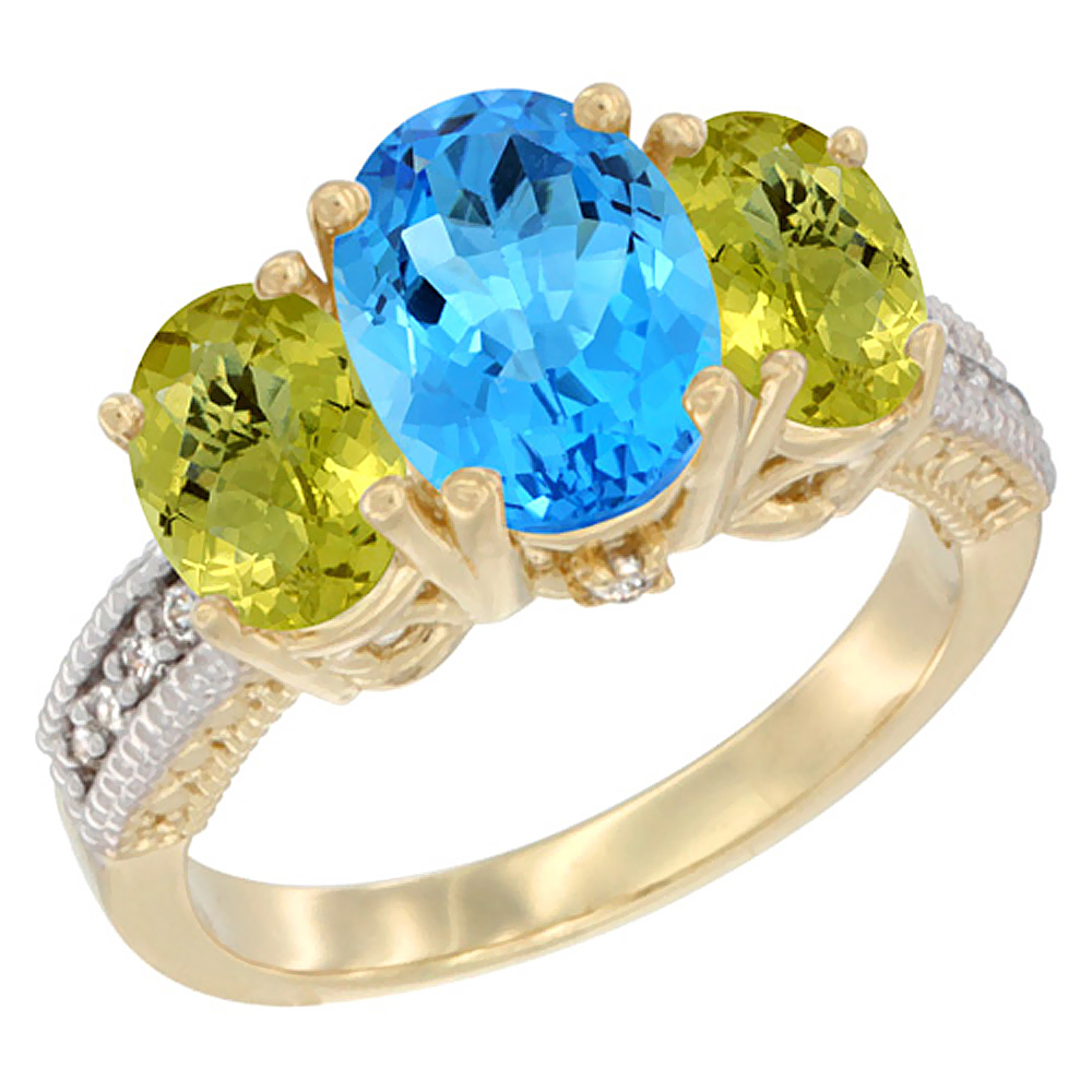 14K Yellow Gold Diamond Natural Swiss Blue Topaz Ring 3-Stone Oval 8x6mm with Lemon Quartz, sizes5-10
