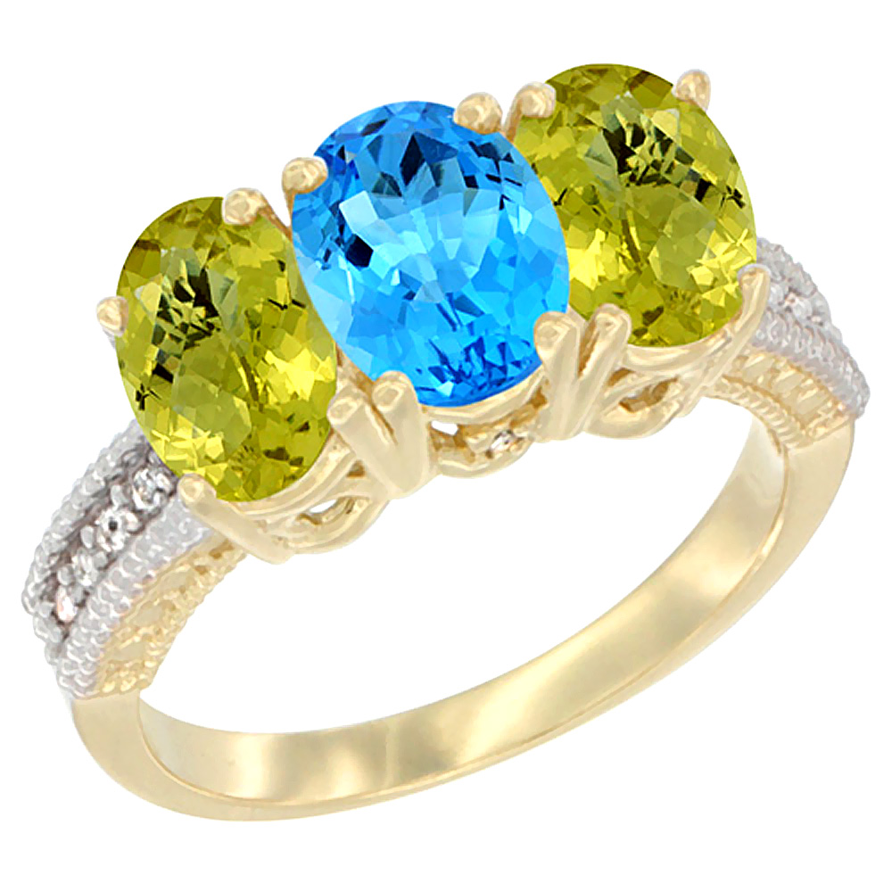 10K Yellow Gold Diamond Natural Swiss Blue Topaz &amp; Lemon Quartz Ring 3-Stone 7x5 mm Oval, sizes 5 - 10