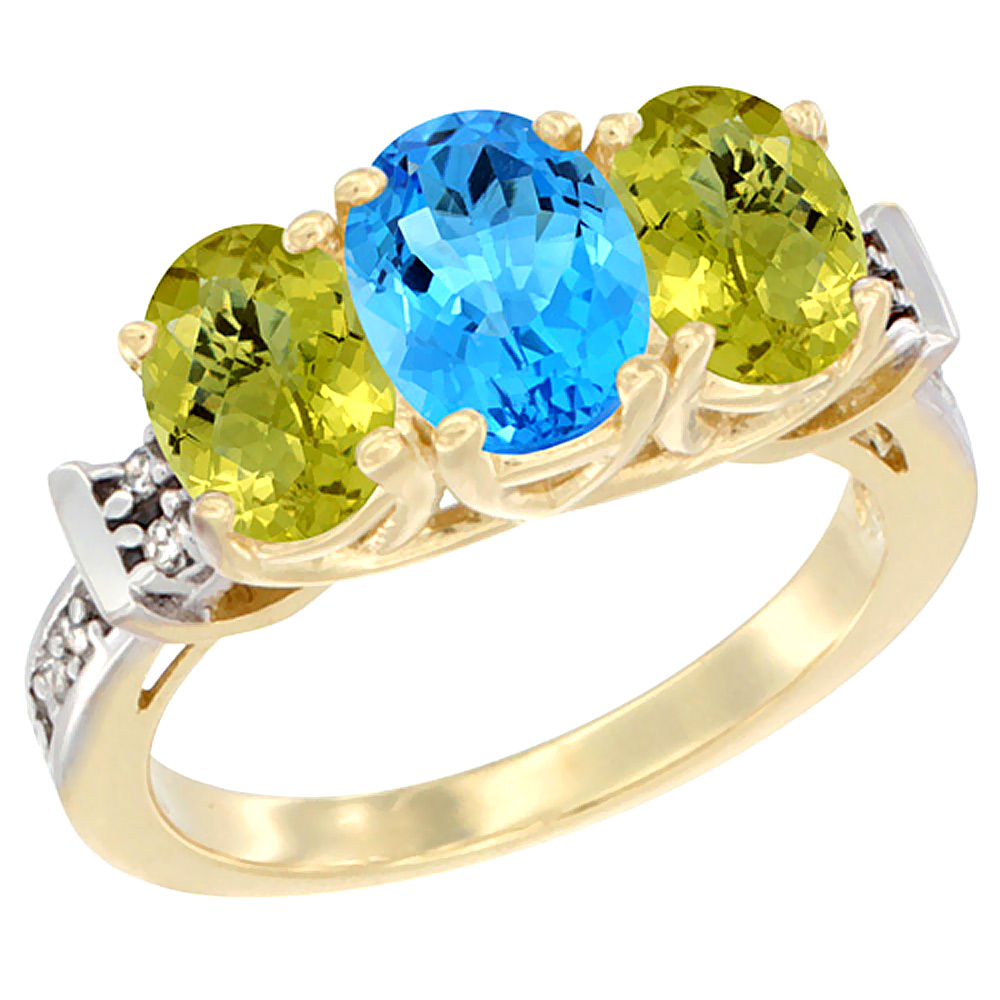 14K Yellow Gold Natural Swiss Blue Topaz & Lemon Quartz Sides Ring 3-Stone Oval Diamond Accent, sizes 5 - 10