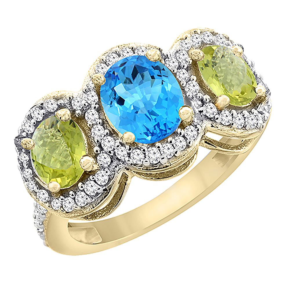 10K Yellow Gold Natural Swiss Blue Topaz & Lemon Quartz 3-Stone Ring Oval Diamond Accent, sizes 5 - 10