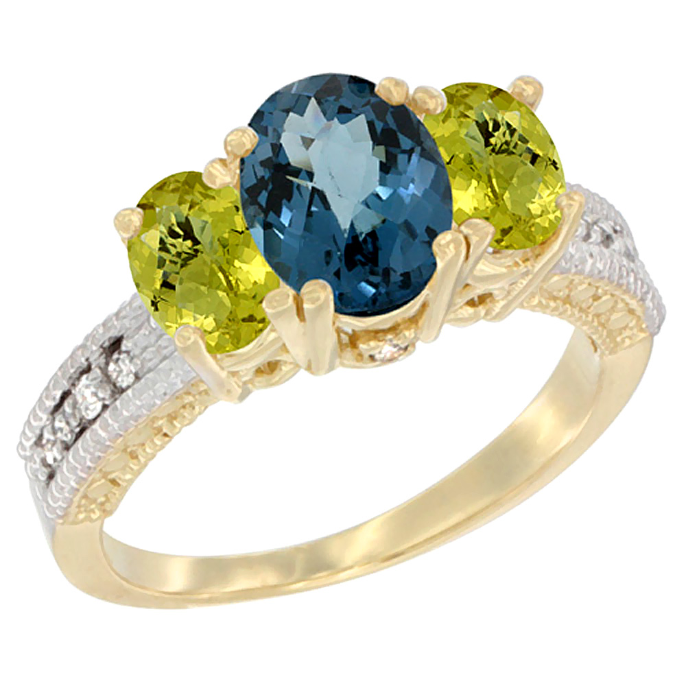 14K Yellow Gold Diamond Natural London Blue Topaz Ring Oval 3-stone with Lemon Quartz, sizes 5 - 10