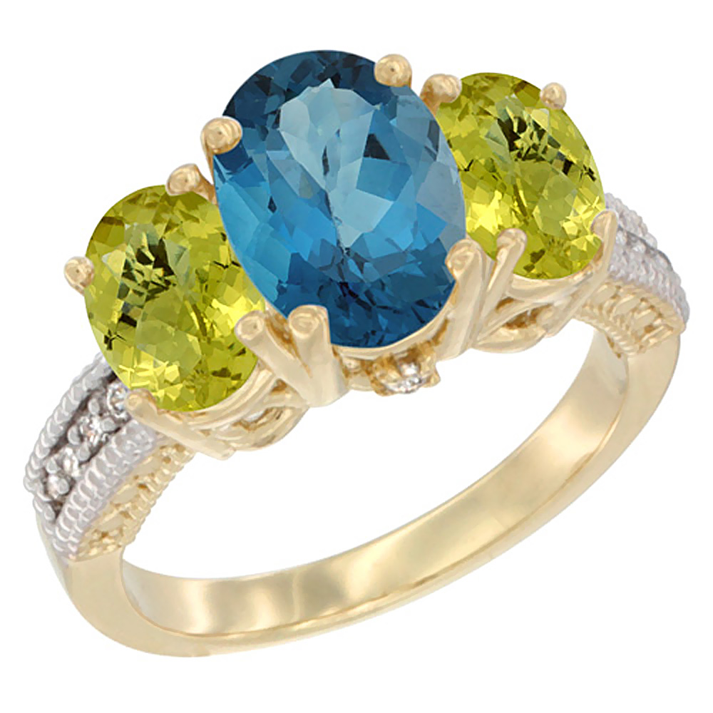 14K Yellow Gold Diamond Natural London Blue Topaz Ring 3-Stone Oval 8x6mm with Lemon Quartz, sizes5-10