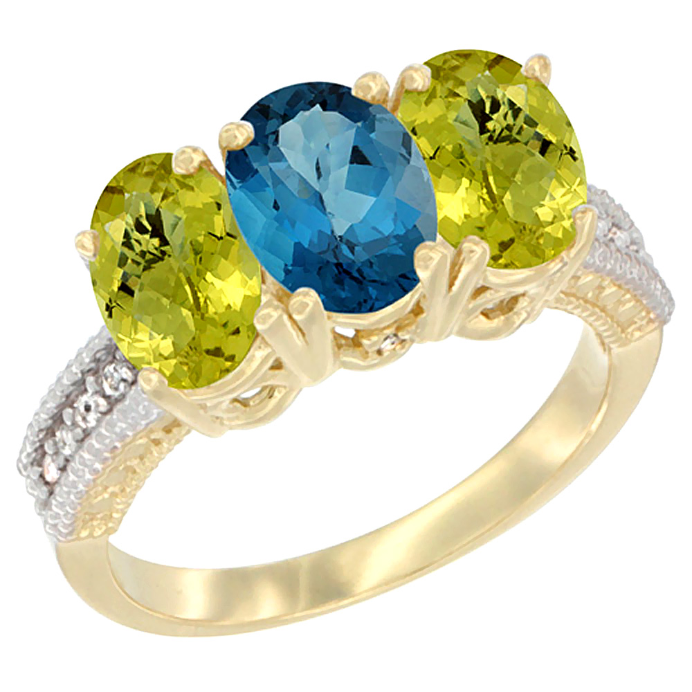 14K Yellow Gold Natural London Blue Topaz Ring with Lemon Quartz 3-Stone 7x5 mm Oval Diamond Accent, sizes 5 - 10