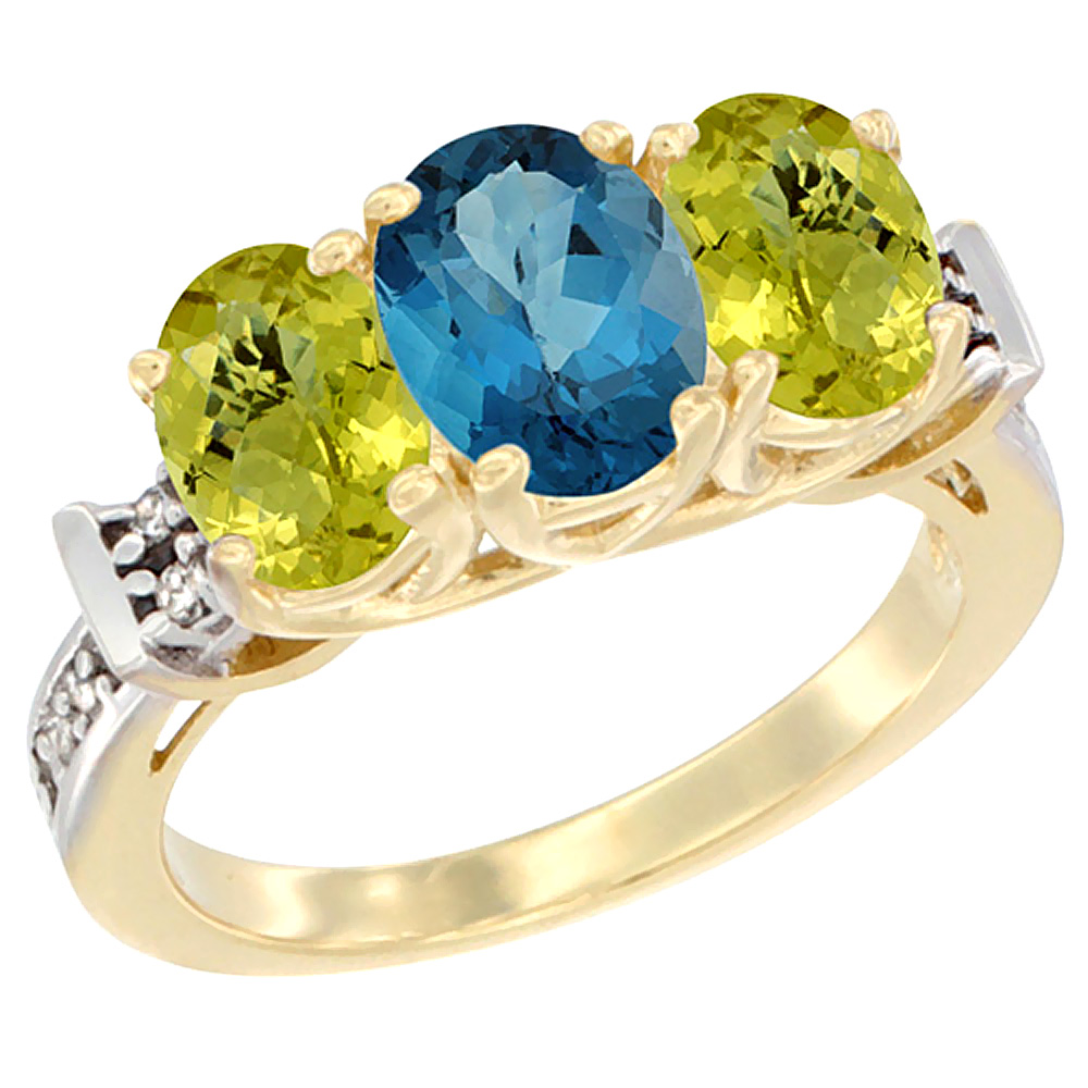 14K Yellow Gold Natural London Blue Topaz &amp; Lemon Quartz Sides Ring 3-Stone Oval Diamond Accent, sizes 5 - 10
