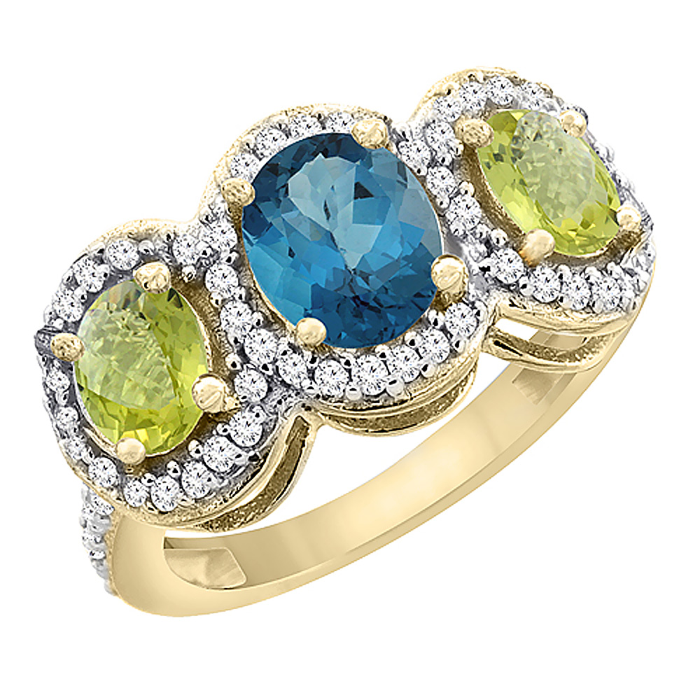 10K Yellow Gold Natural London Blue Topaz & Lemon Quartz 3-Stone Ring Oval Diamond Accent, sizes 5 - 10