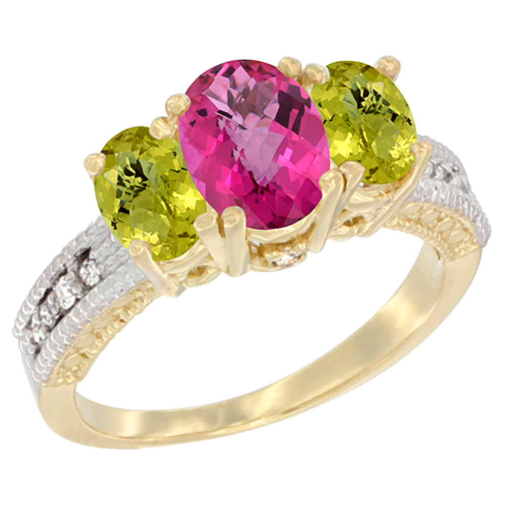 14K Yellow Gold Diamond Natural Pink Topaz Ring Oval 3-stone with Lemon Quartz, sizes 5 - 10
