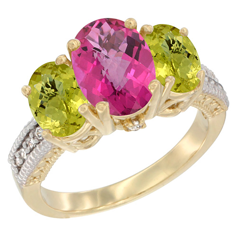 10K Yellow Gold Diamond Natural Pink Topaz Ring 3-Stone Oval 8x6mm with Lemon Quartz, sizes5-10