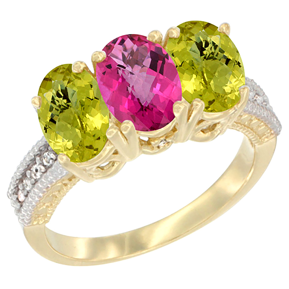 10K Yellow Gold Diamond Natural Pink Topaz &amp; Lemon Quartz Ring 3-Stone 7x5 mm Oval, sizes 5 - 10