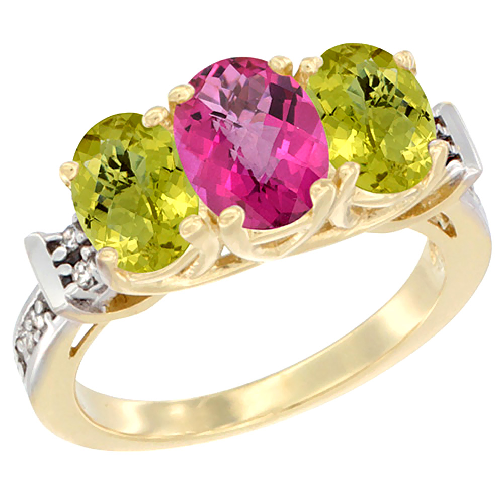 10K Yellow Gold Natural Pink Topaz &amp; Lemon Quartz Sides Ring 3-Stone Oval Diamond Accent, sizes 5 - 10