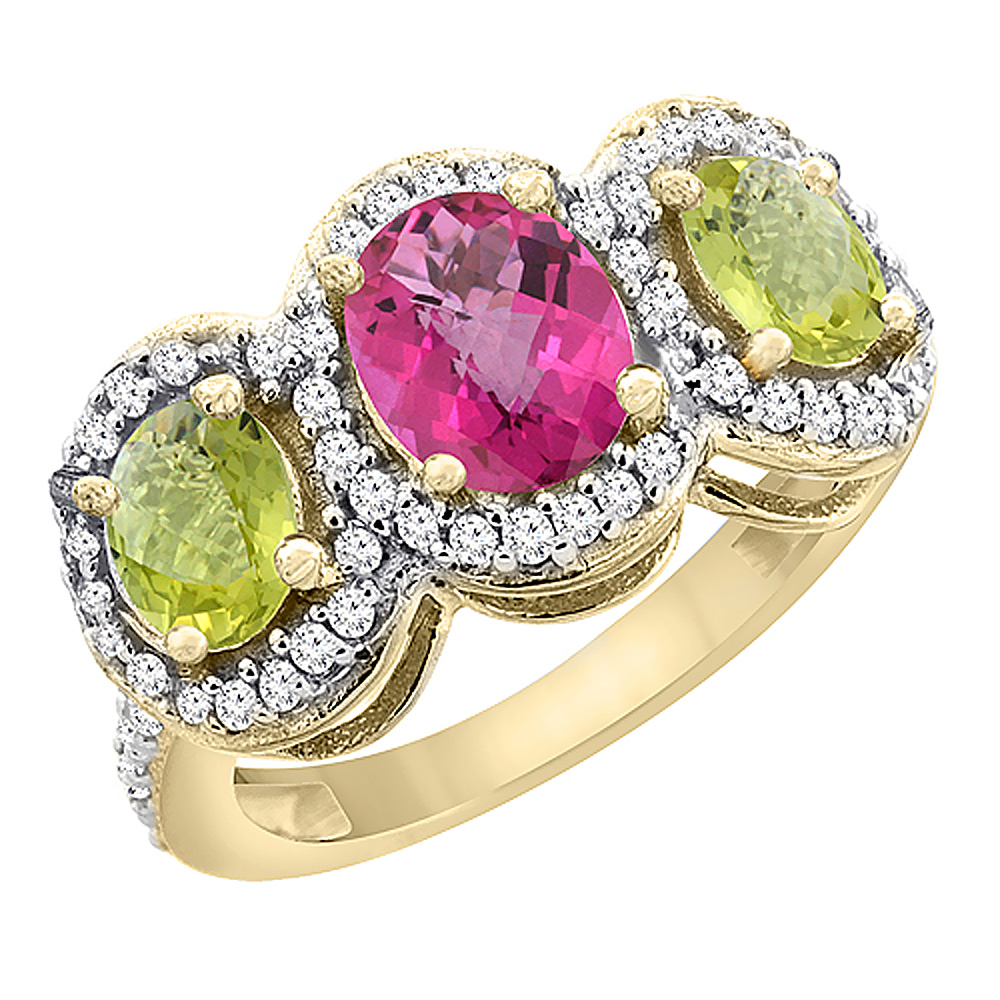 10K Yellow Gold Natural Pink Sapphire & Lemon Quartz 3-Stone Ring Oval Diamond Accent, sizes 5 - 10