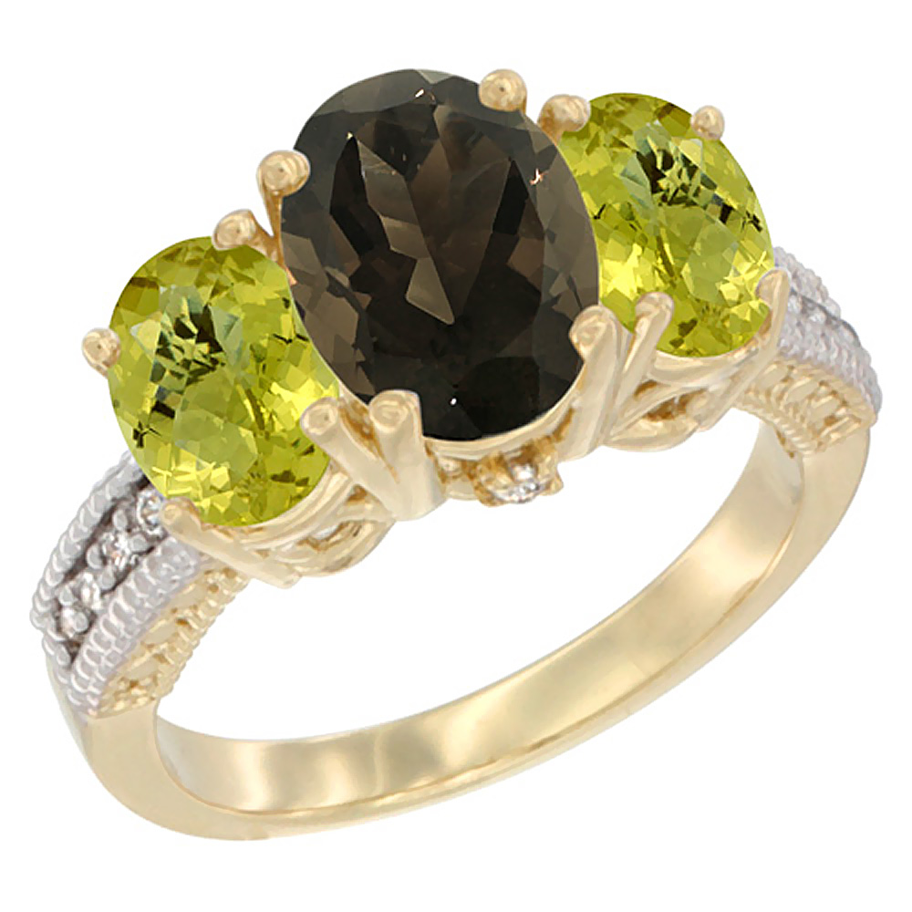 10K Yellow Gold Diamond Natural Smoky Topaz Ring 3-Stone Oval 8x6mm with Lemon Quartz, sizes5-10
