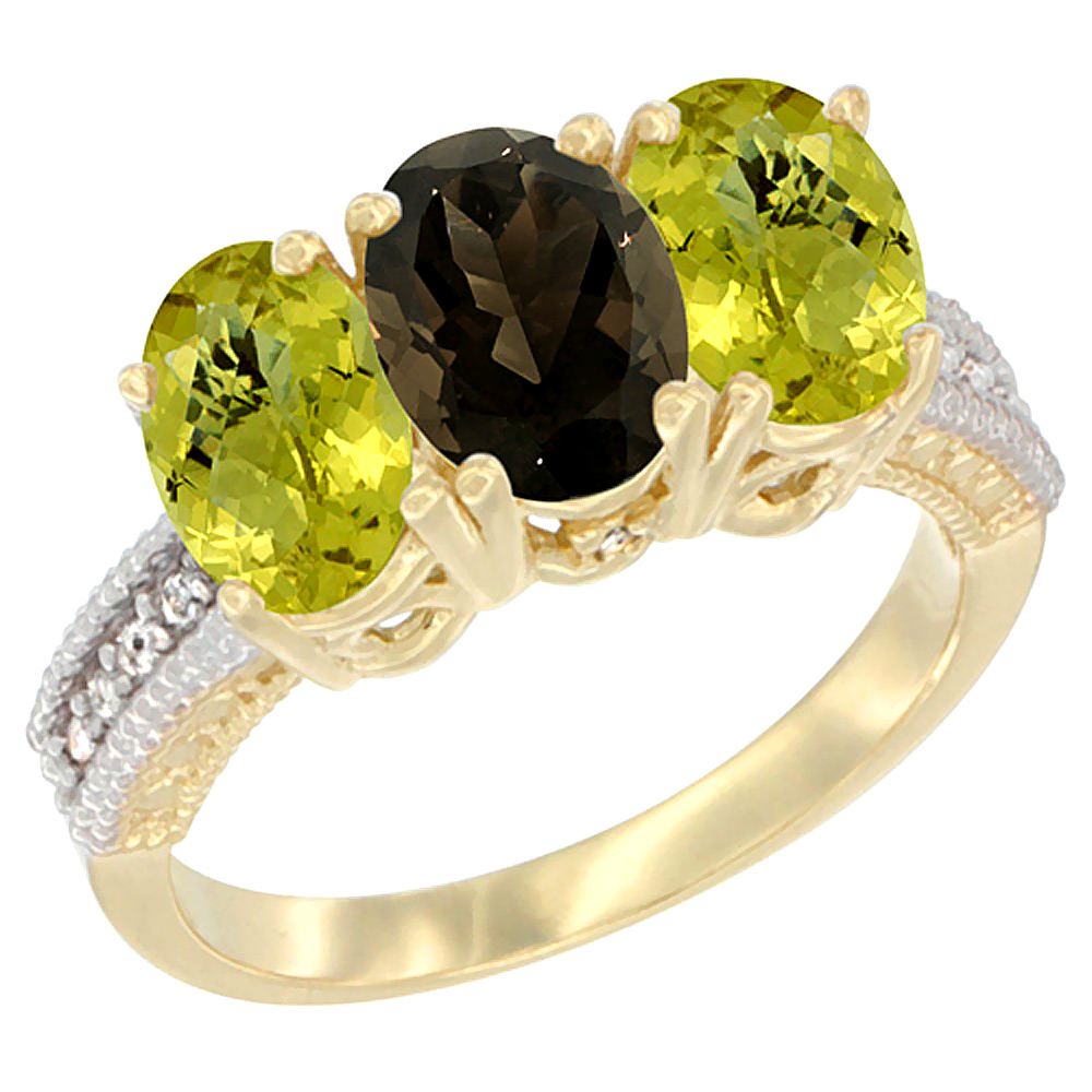 14K Yellow Gold Natural Smoky Topaz Ring with Lemon Quartz 3-Stone 7x5 mm Oval Diamond Accent, sizes 5 - 10