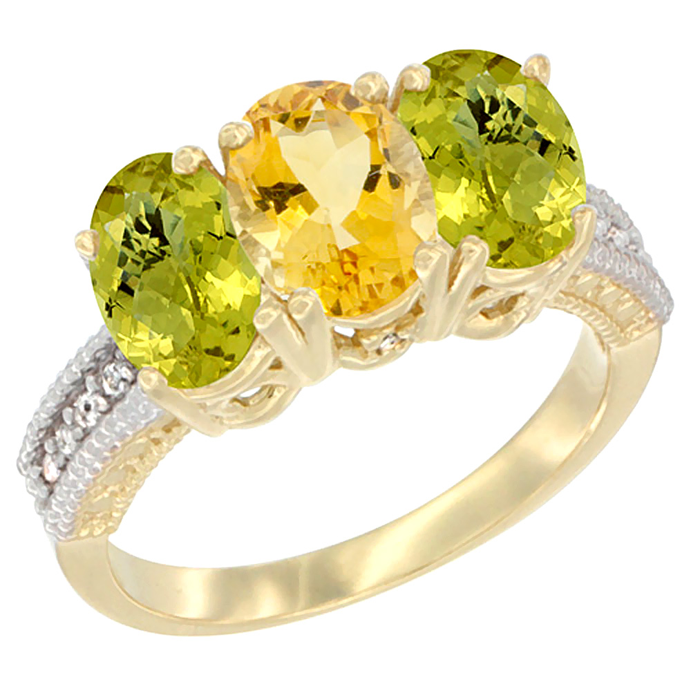 10K Yellow Gold Diamond Natural Citrine & Lemon Quartz Ring 3-Stone 7x5 mm Oval, sizes 5 - 10