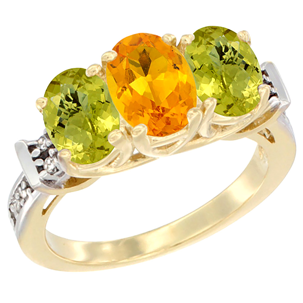 14K Yellow Gold Natural Citrine & Lemon Quartz Sides Ring 3-Stone Oval Diamond Accent, sizes 5 - 10