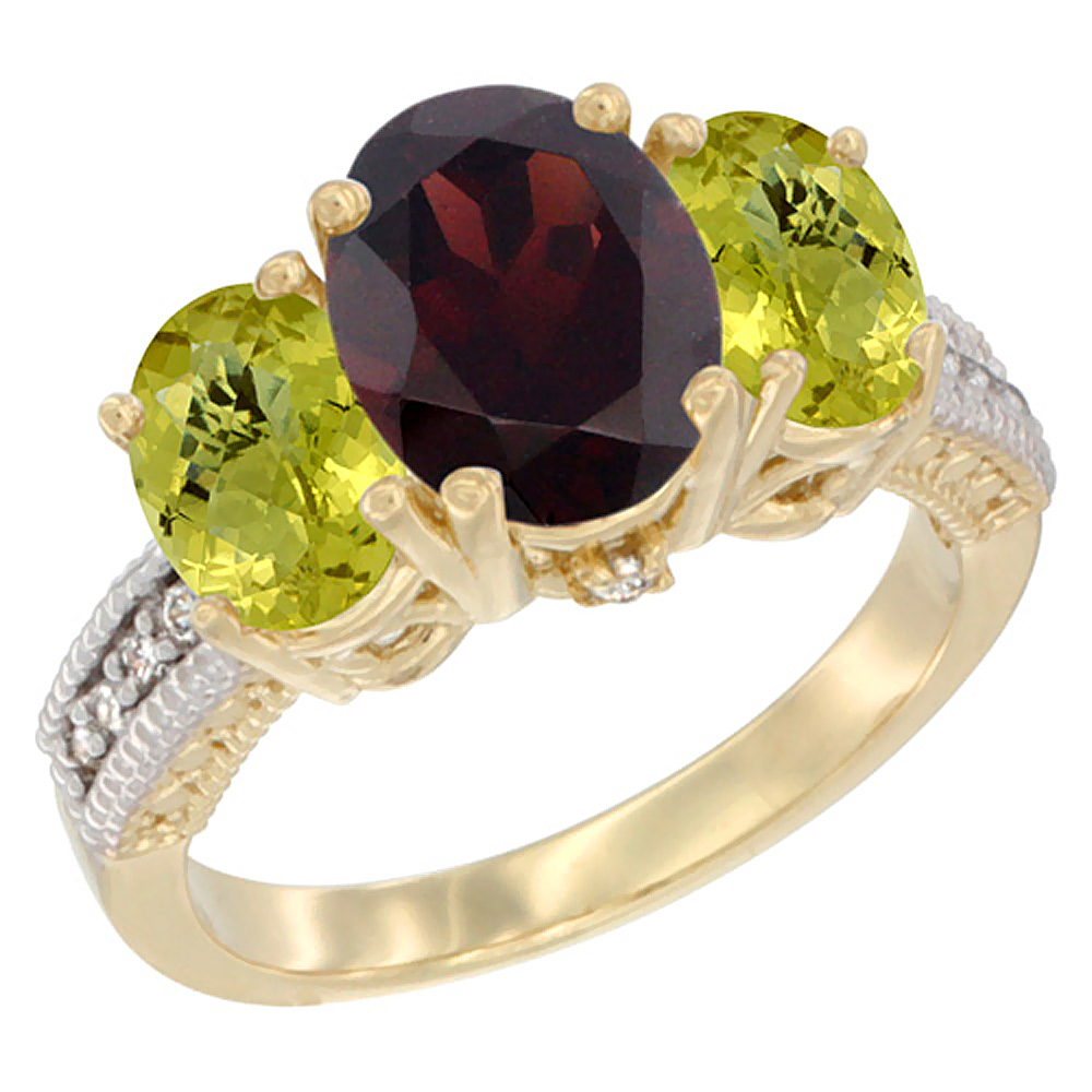 14K Yellow Gold Diamond Natural Garnet Ring 3-Stone Oval 8x6mm with Lemon Quartz, sizes5-10