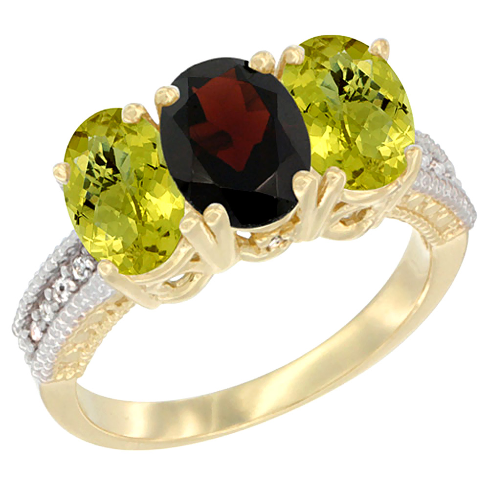 14K Yellow Gold Natural Garnet Ring with Lemon Quartz 3-Stone 7x5 mm Oval Diamond Accent, sizes 5 - 10