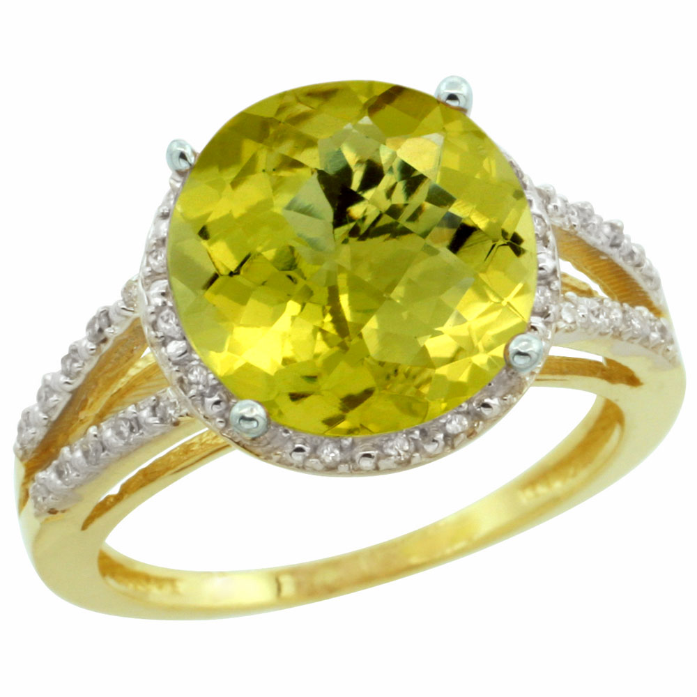 10K Yellow Gold Diamond Natural Lemon Quartz Ring Round 11mm, sizes 5-10