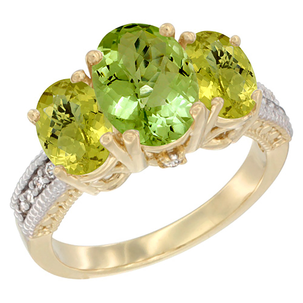 10K Yellow Gold Diamond Natural Peridot Ring 3-Stone Oval 8x6mm with Lemon Quartz, sizes5-10