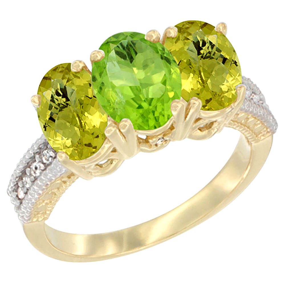 14K Yellow Gold Natural Peridot Ring with Lemon Quartz 3-Stone 7x5 mm Oval Diamond Accent, sizes 5 - 10