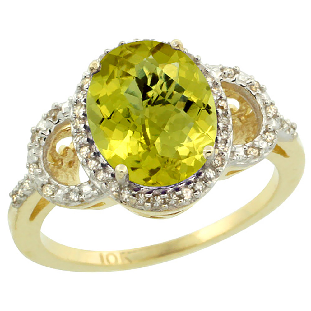 10K Yellow Gold Diamond Natural Lemon Quartz Engagement Ring Oval 10x8mm, sizes 5-10