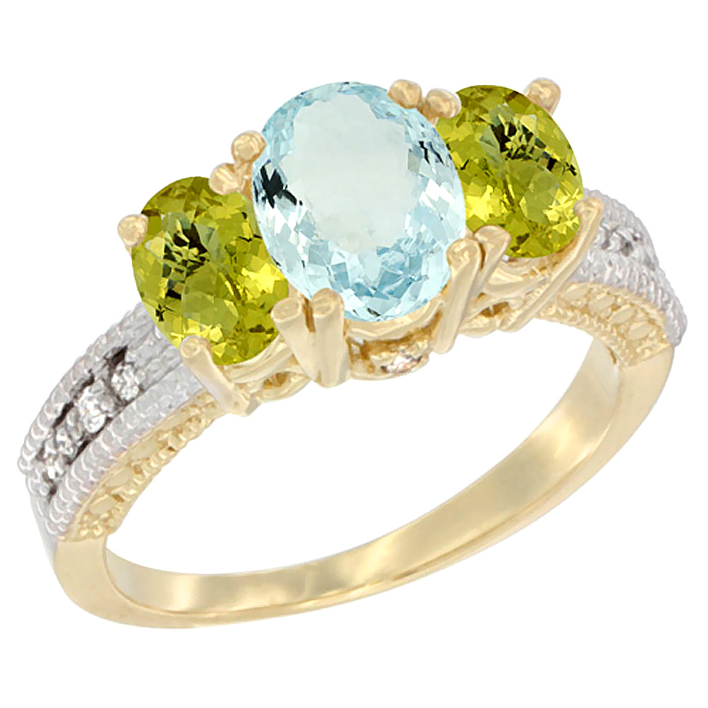 14K Yellow Gold Diamond Natural Aquamarine Ring Oval 3-stone with Lemon Quartz, sizes 5 - 10