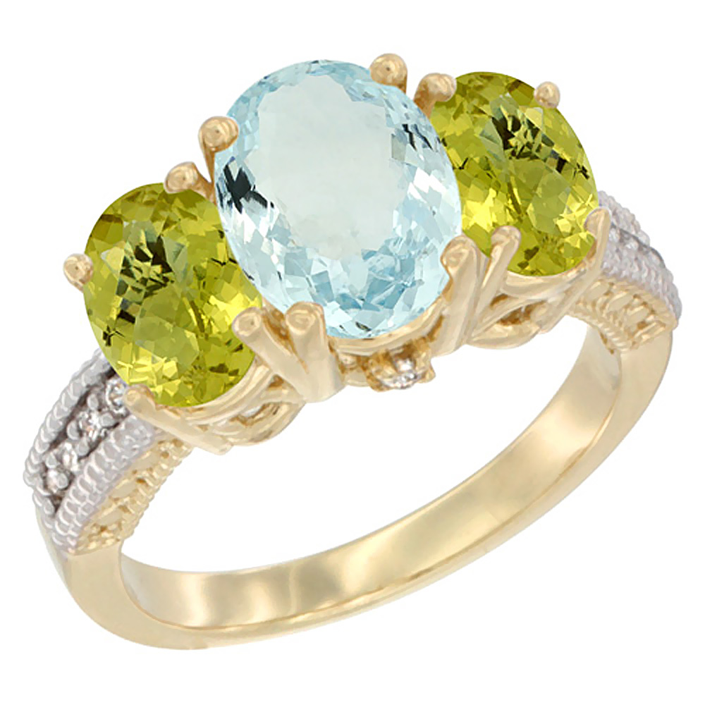 10K Yellow Gold Diamond Natural Aquamarine Ring 3-Stone Oval 8x6mm with Lemon Quartz, sizes5-10