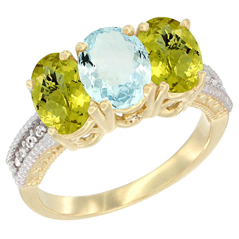 10K Yellow Gold Diamond Natural Aquamarine &amp; Lemon Quartz Ring 3-Stone 7x5 mm Oval, sizes 5 - 10