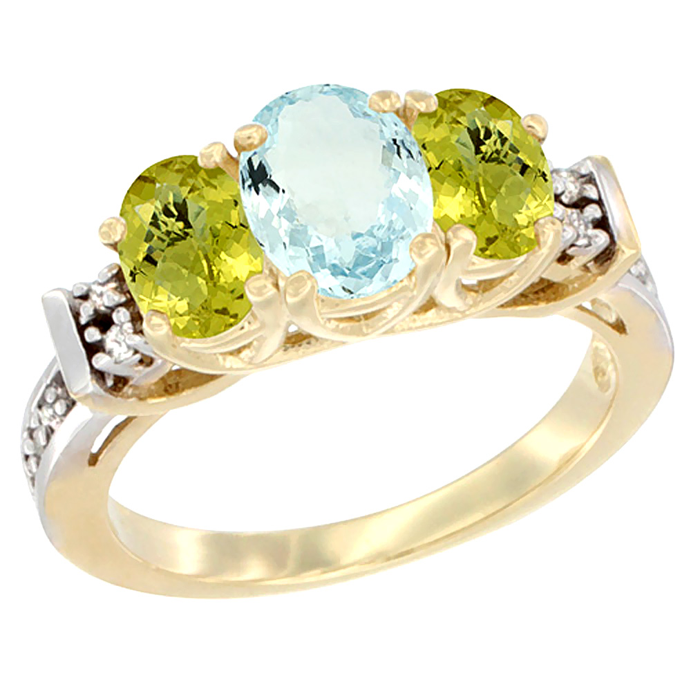 14K Yellow Gold Natural Aquamarine & Lemon Quartz Ring 3-Stone Oval Diamond Accent