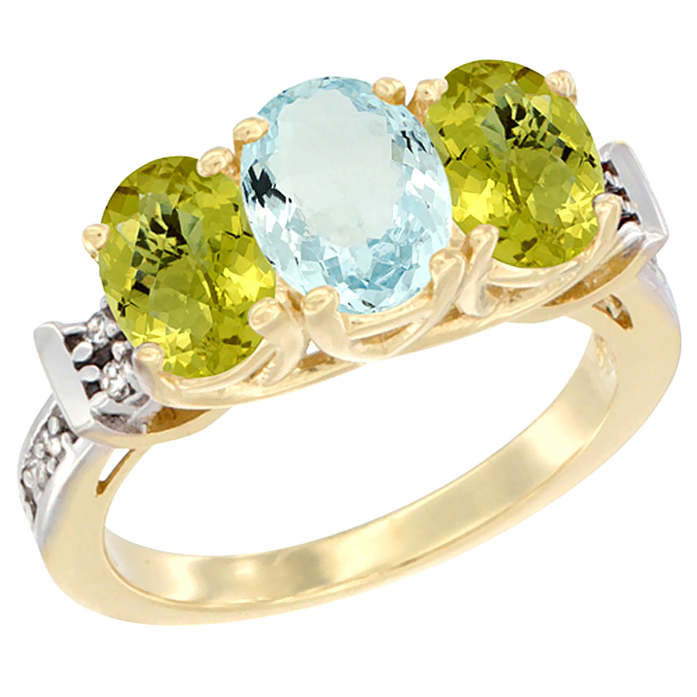 14K Yellow Gold Natural Aquamarine &amp; Lemon Quartz Sides Ring 3-Stone Oval Diamond Accent, sizes 5 - 10