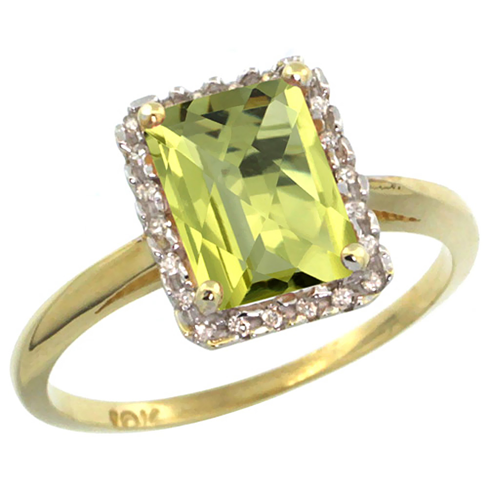 14K Yellow Gold Diamond Natural Lemon Quartz Ring Emerald-cut 8x6mm, sizes 5-10