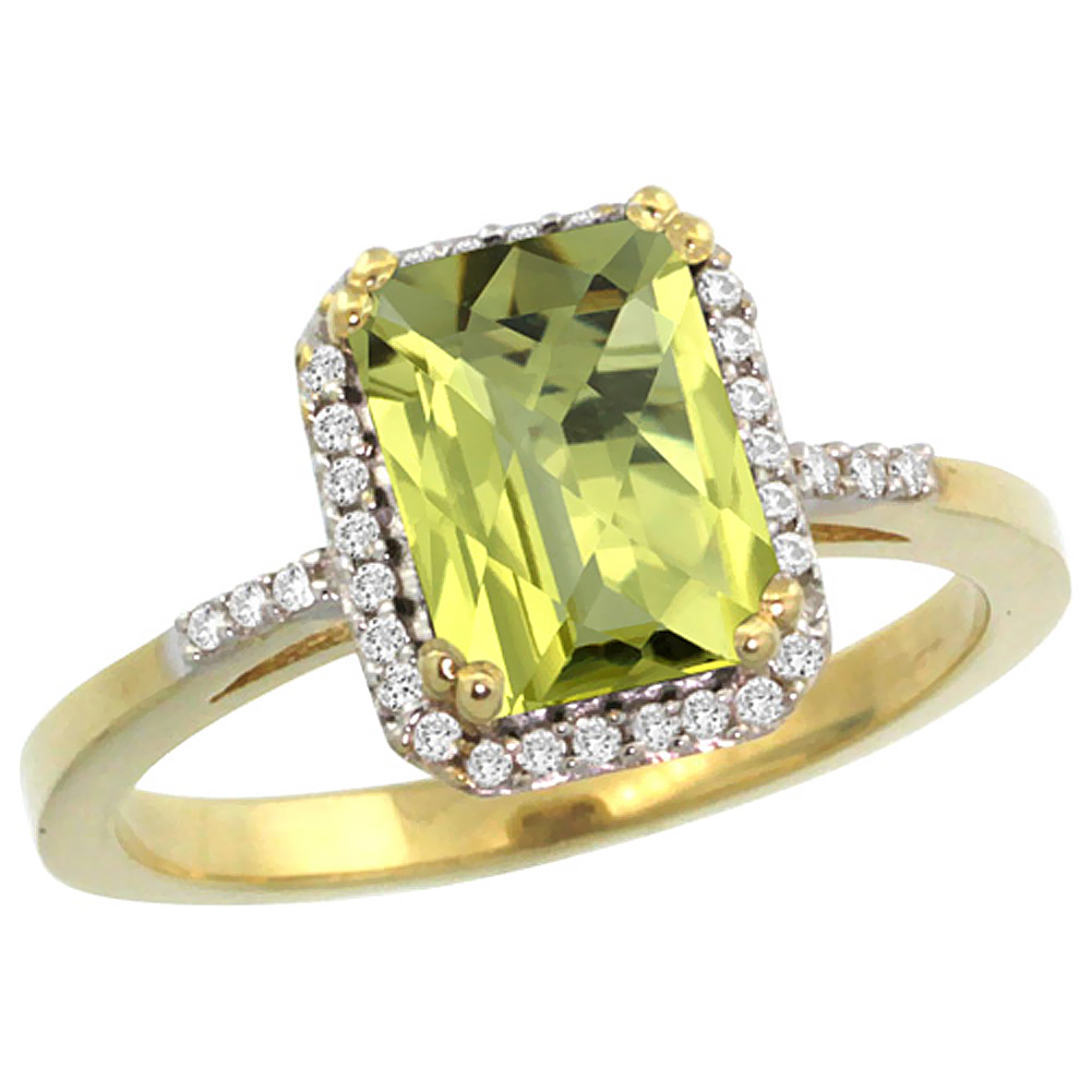 14K Yellow Gold Diamond Natural Lemon Quartz Ring Emerald-cut 8x6mm, sizes 5-10