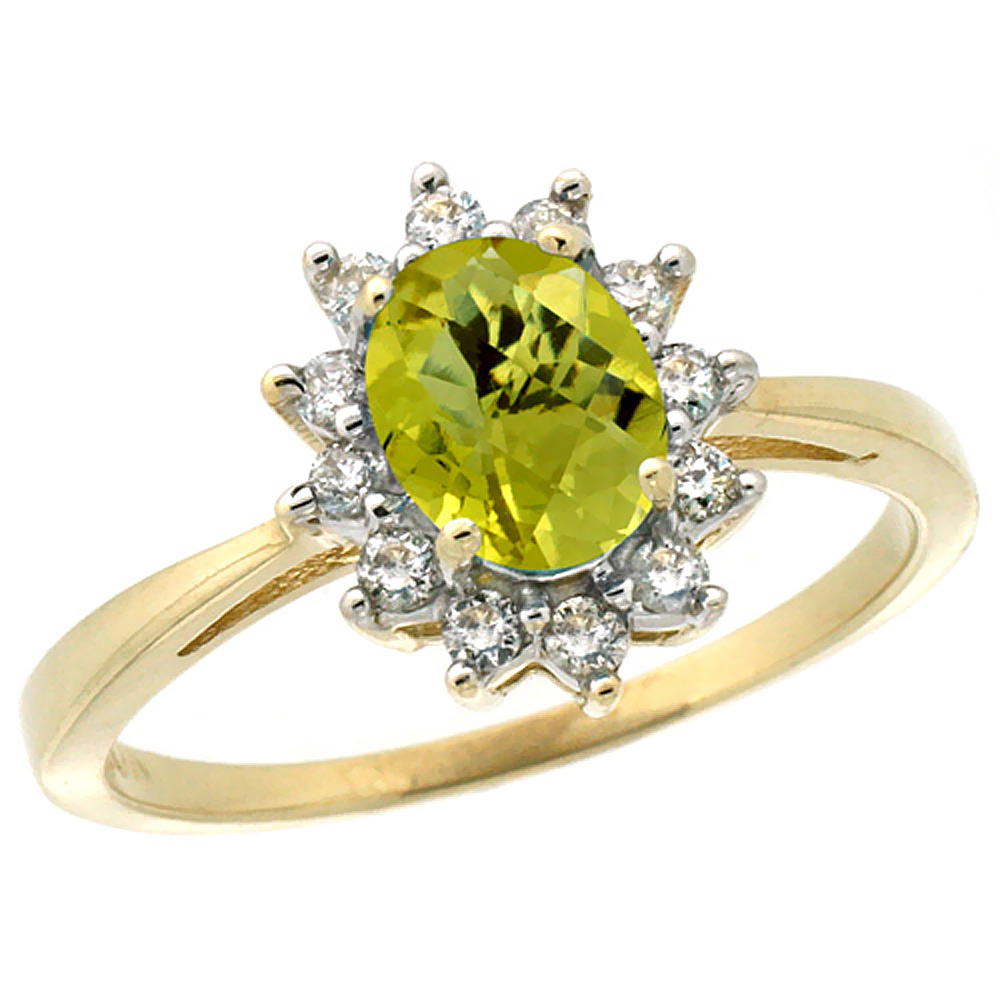 10k Yellow Gold Natural Lemon Quartz Engagement Ring Oval 7x5mm Diamond Halo, sizes 5-10