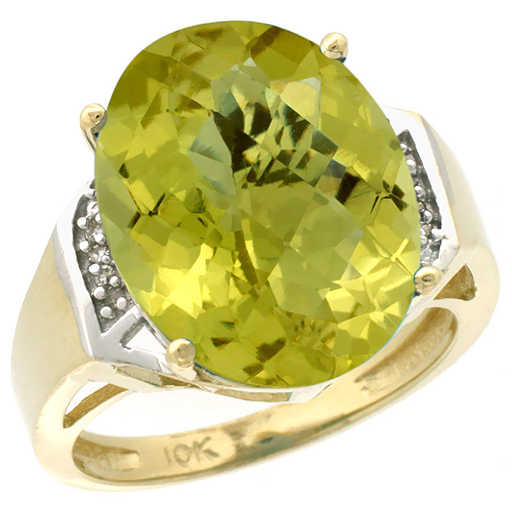 14K Yellow Gold Diamond Natural Lemon Quartz Ring Oval 16x12mm, sizes 5-10
