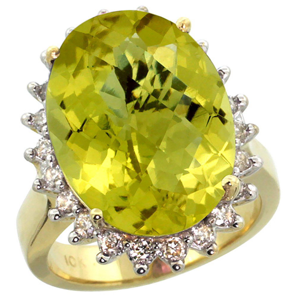 14k Yellow Gold Diamond Halo Natural Lemon Quartz Ring Large Oval 18x13mm, sizes 5-10