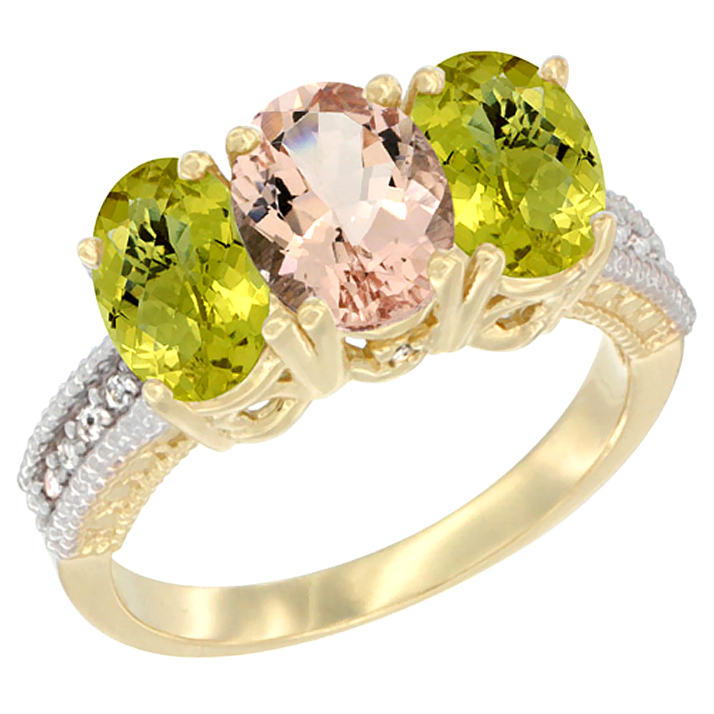 14K Yellow Gold Natural Morganite Ring with Lemon Quartz 3-Stone 7x5 mm Oval Diamond Accent, sizes 5 - 10