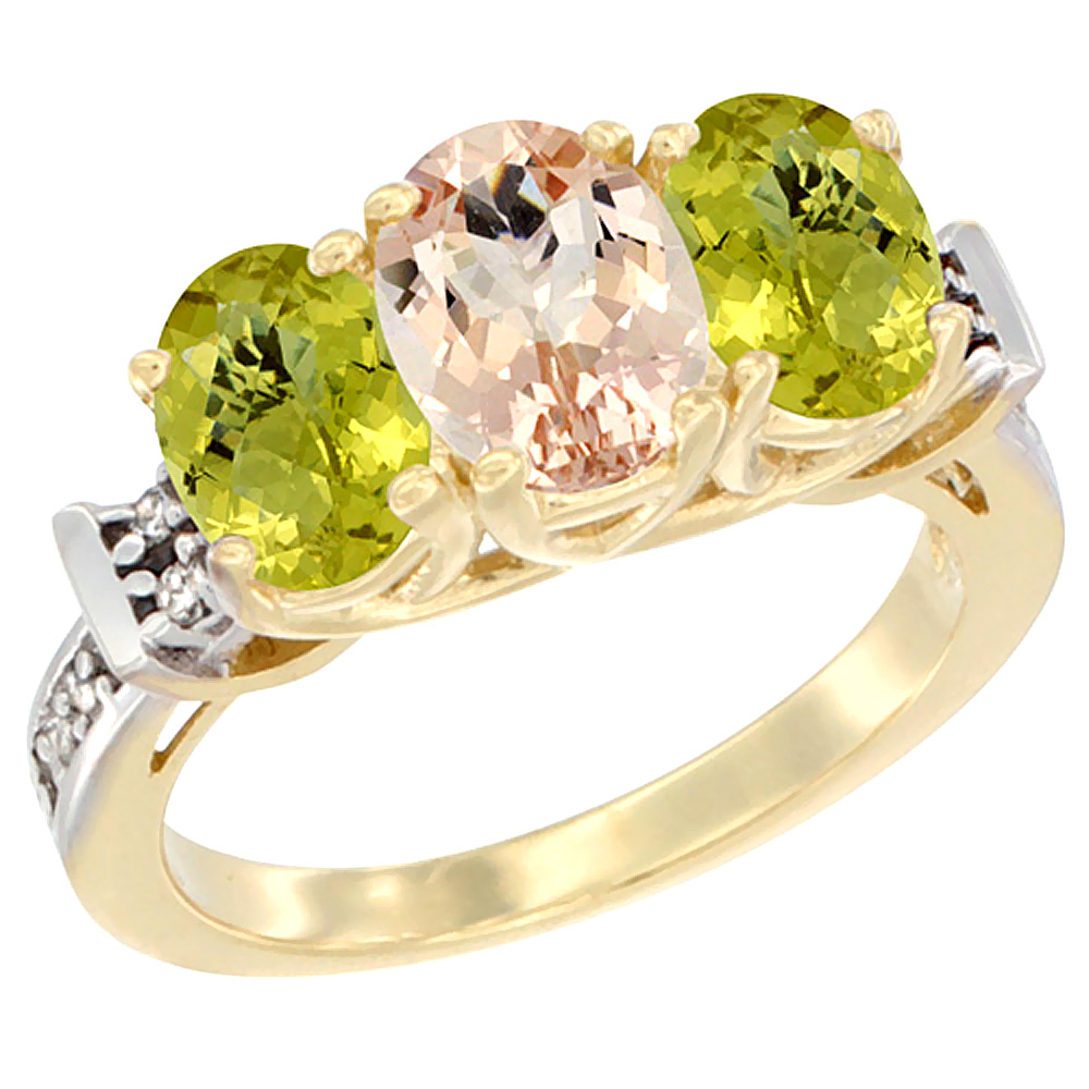 14K Yellow Gold Natural Morganite & Lemon Quartz Sides Ring 3-Stone Oval Diamond Accent, sizes 5 - 10