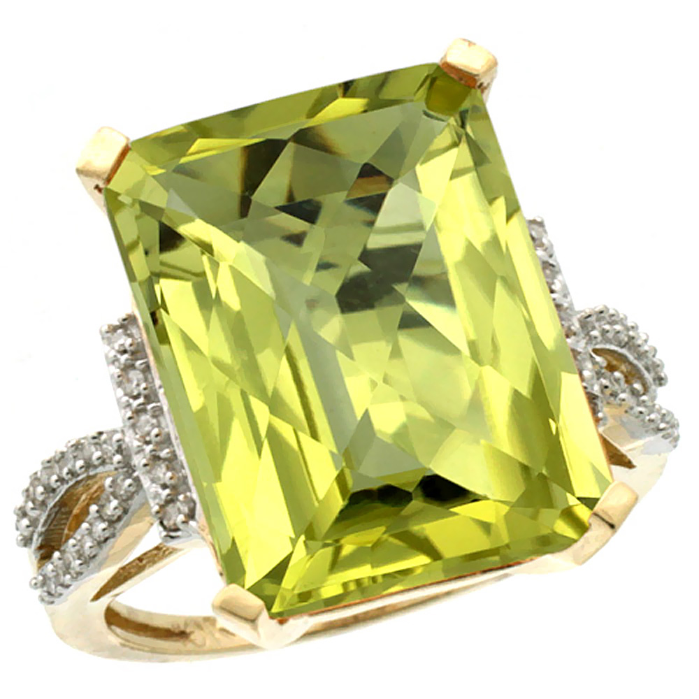 14K Yellow Gold Diamond Natural Lemon Quartz Ring Emerald-cut 16x12mm, sizes 5-10