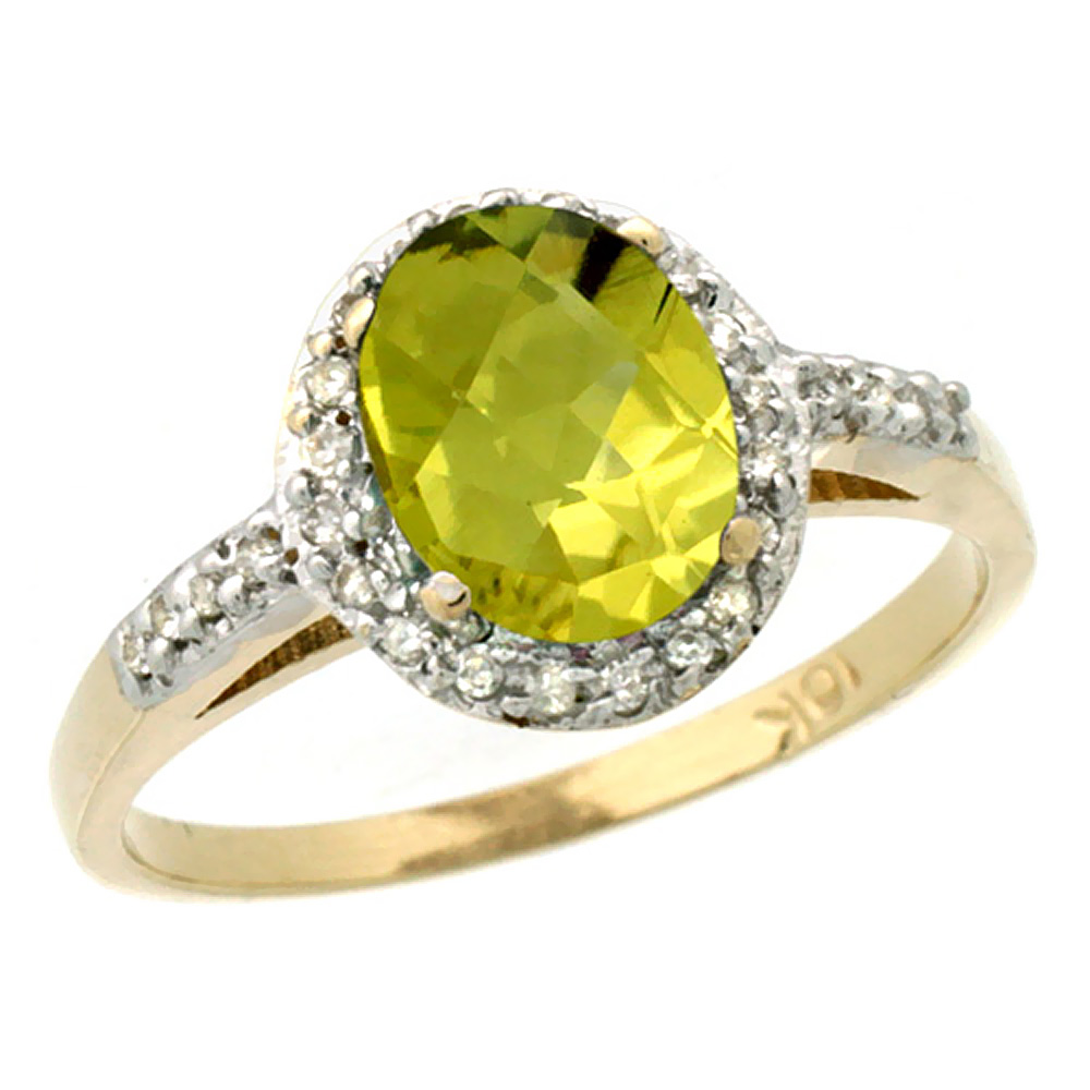10K Yellow Gold Diamond Natural Lemon Quartz Ring Oval 8x6mm, sizes 5-10