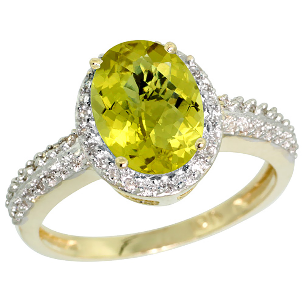 10K Yellow Gold Diamond Natural Lemon Quartz Ring Oval 9x7mm, sizes 5-10