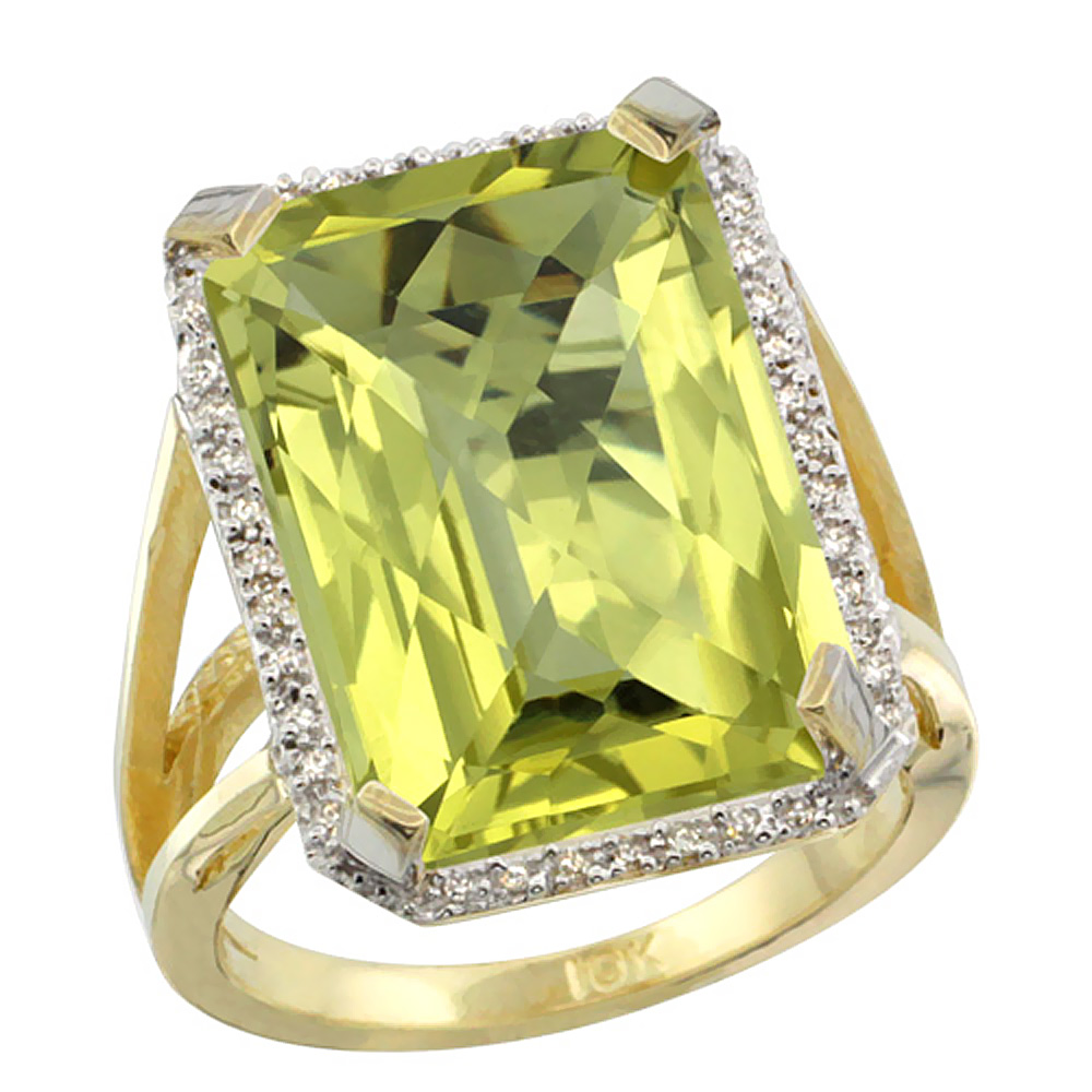 10K Yellow Gold Diamond Natural Lemon Quartz Ring Emerald-cut 18x13mm, sizes 5-10