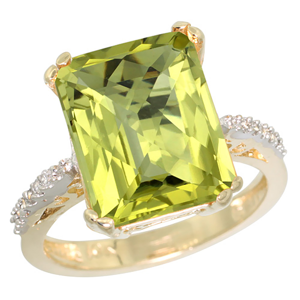 14K Yellow Gold Diamond Natural Lemon Quartz Ring Emerald-cut 12x10mm, sizes 5-10