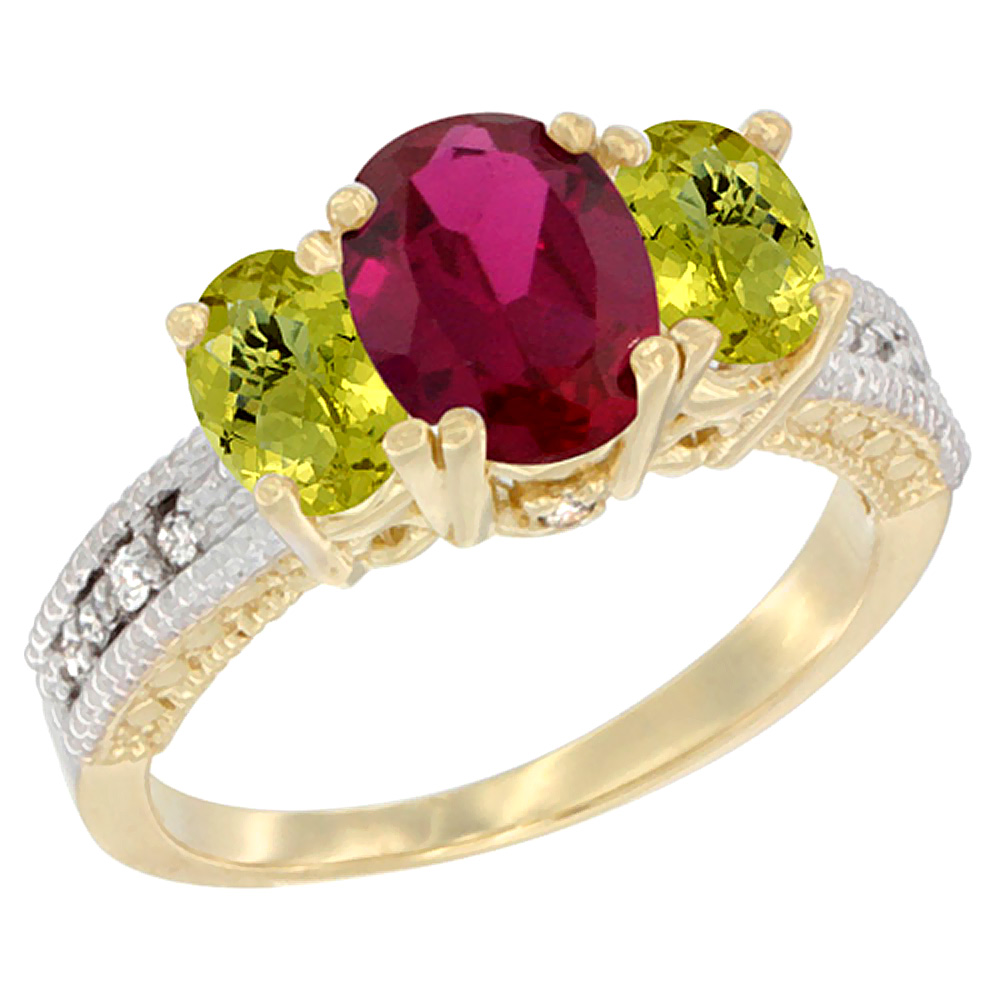 10K Yellow Gold Diamond Quality Ruby 7x5mm & 6x4mm Lemon Quartz Oval 3-stone Mothers Ring,size 5 - 10