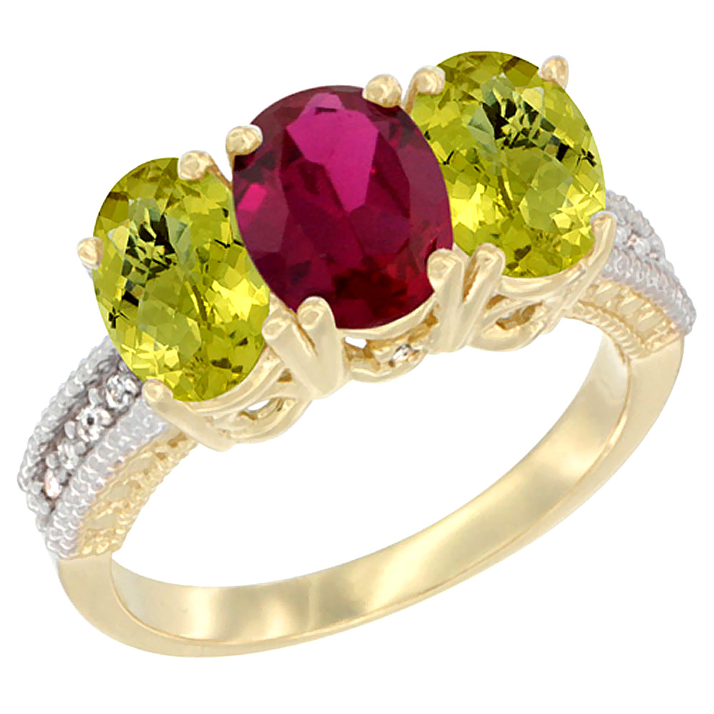 10K Yellow Gold Diamond Enhanced Ruby &amp; Natural Lemon Quartz Ring 3-Stone 7x5 mm Oval, sizes 5 - 10