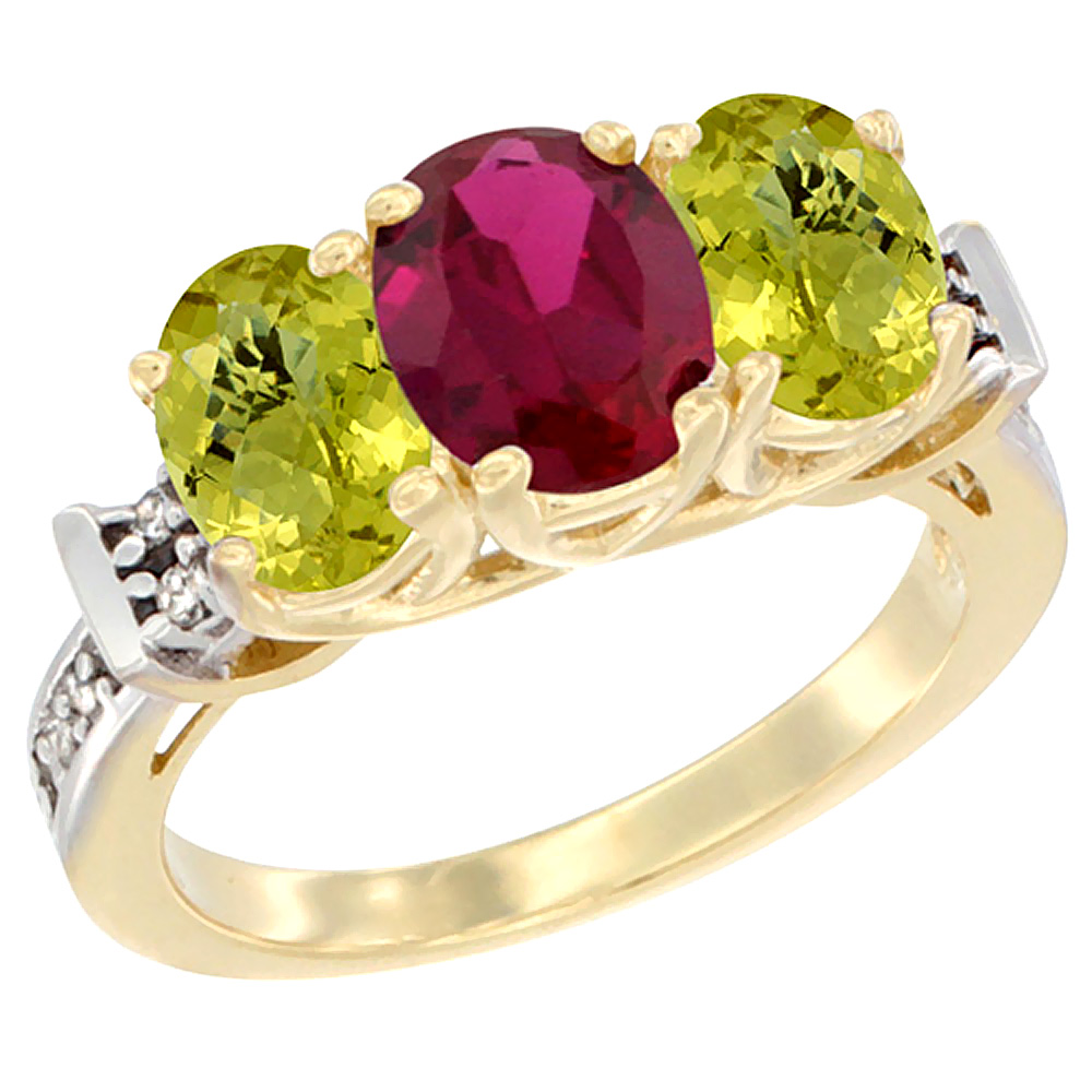 14K Yellow Gold Enhanced Ruby &amp; Lemon Quartz Sides Ring 3-Stone Oval Diamond Accent, sizes 5 - 10