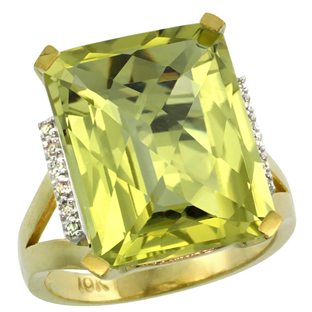 10K Yellow Gold Diamond Natural Lemon Quartz Ring Emerald-cut 16x12mm, sizes 5-10