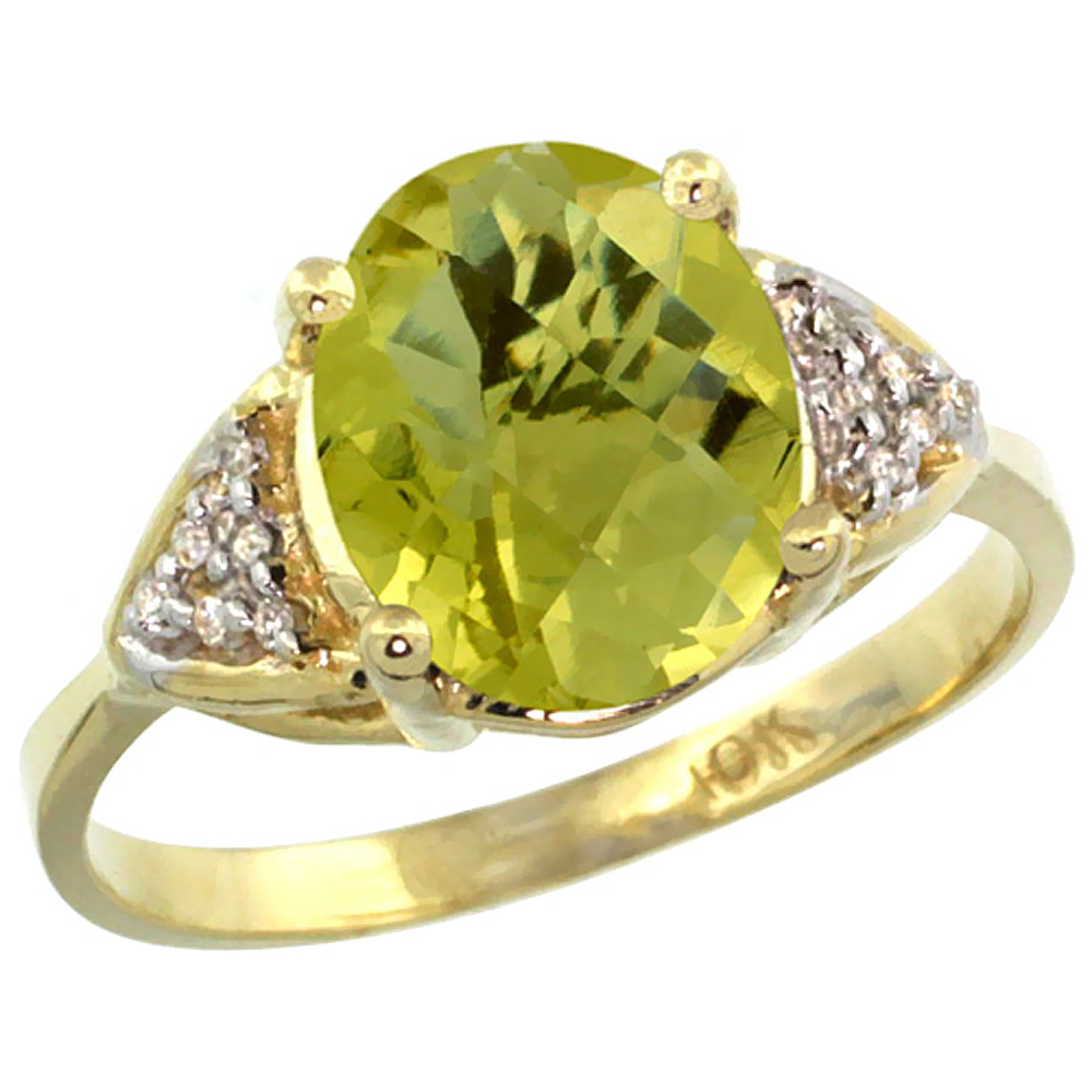 10K Yellow Gold Diamond Natural Lemon Quartz Engagement Ring Oval 10x8mm, sizes 5-10
