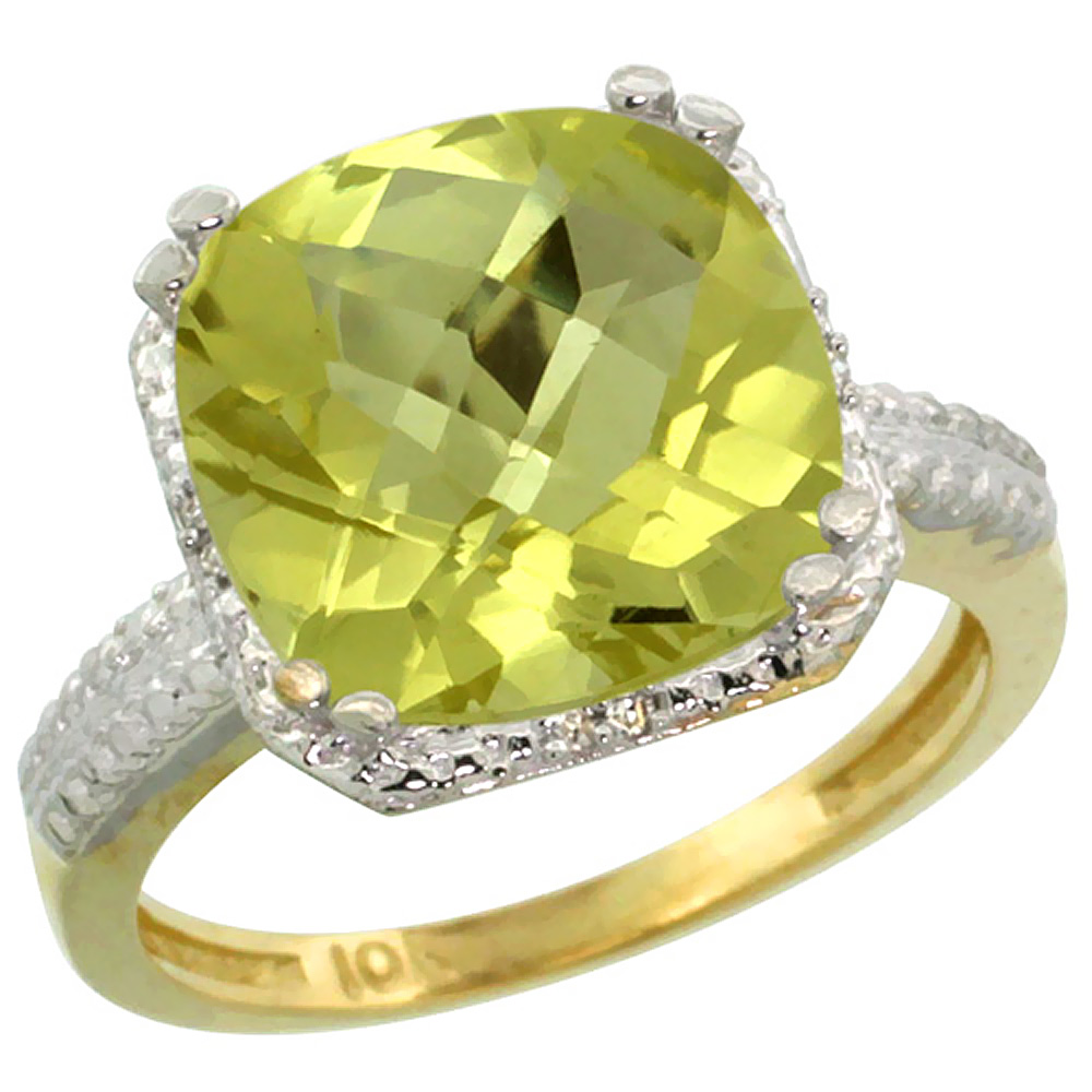 10K Yellow Gold Diamond Natural Lemon Quartz Ring Cushion-cut 11x11mm, sizes 5-10
