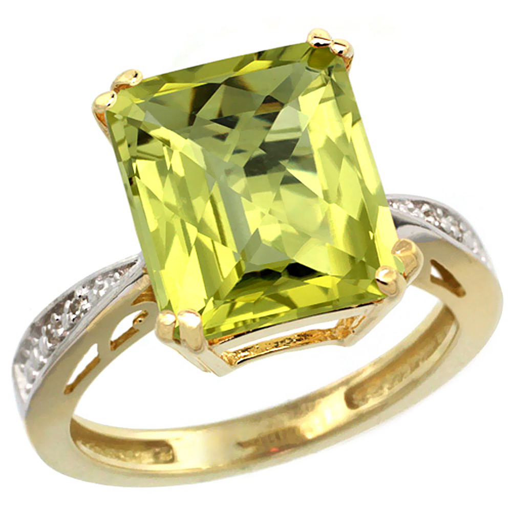 10K Yellow Gold Diamond Natural Lemon Quartz Ring Emerald-cut 12x10mm, sizes 5-10