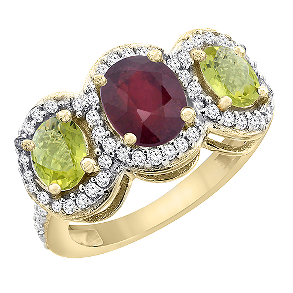 14K Yellow Gold Natural Quality Ruby &amp; Lemon Quartz 3-stone Mothers Ring Oval Diamond Accent, size 5 - 10