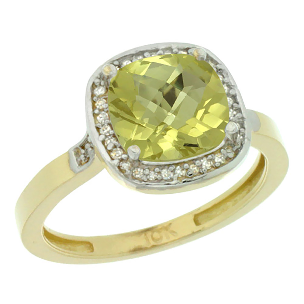 14K Yellow Gold Diamond Natural Lemon Quartz Ring Cushion-cut 8x8mm, sizes 5-10